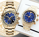 Versace Classic Chronograph Quartz Blue Dial Gold Steel Strap Watch For Men - VEV700619 Authentic Buy Shop Now