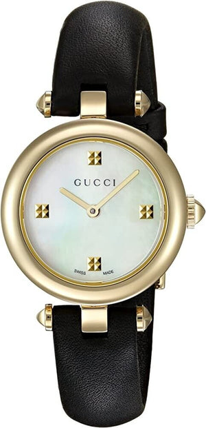 Gucci Diamantissima Mother of Pearl Dial Black Leather Strap Watch For Women - YA141505 Authentic Buy Shop Now