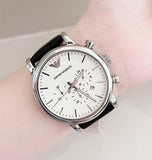 Emporio Armani Classic Quartz Chronograph White Dial Black Leather Strap Watch For Men - AR1807 Authentic Buy Shop Now