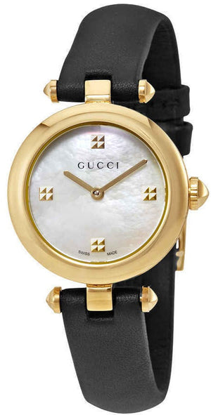 Gucci Diamantissima Mother of Pearl Dial Black Leather Strap Watch For Women - YA141505 Authentic Buy Shop Now