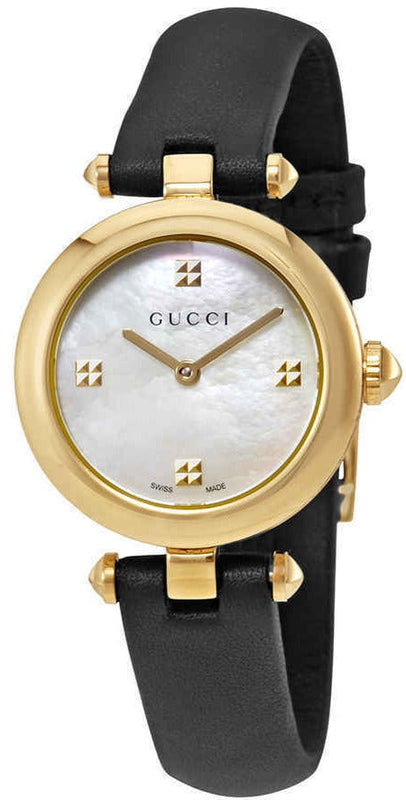 Gucci Diamantissima Mother of Pearl Dial Black Leather Strap Watch For Women - YA141505 Authentic Buy Shop Now