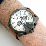 Diesel Mega Chief Chronograph White Dial Brown Leather Strap Watch For Men - DZ4280 Authentic Buy Shop Now