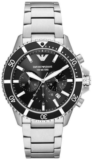 Emporio Armani Diver Chronograph Quartz Black Dial Silver Steel Strap Watch For Men - AR11360 Authentic Buy Shop Now