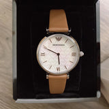 Emporio Armani Gianni T-Bar White Dial Brown Leather Strap Watch for Women - AR1988 Authentic Buy Shop Now