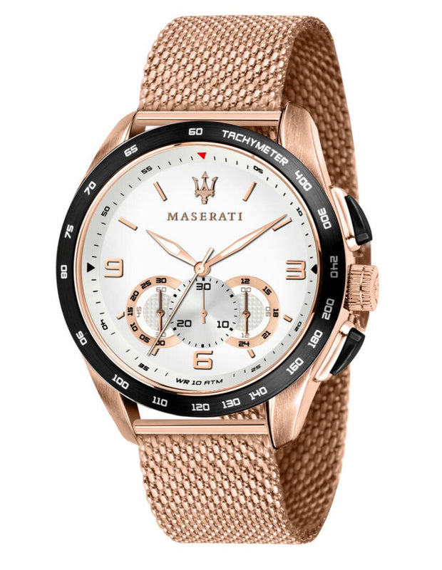 Maserati Traguardo 45mm Chronograph Rose Gold Mesh Strap White Dial Watch For Men - R8873612011 Authentic Buy Shop Now
