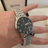 Hugo Boss Aeroliner Chronograph Black Dial Silver Steel Strap Watch For Men - 1512446 Authentic Buy Shop Now