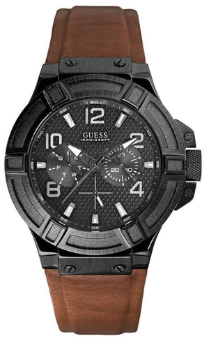 Guess Rigor Analog Black Dial Brown Leather Strap Watch For Men - W0040G8 Authentic Buy Shop Now