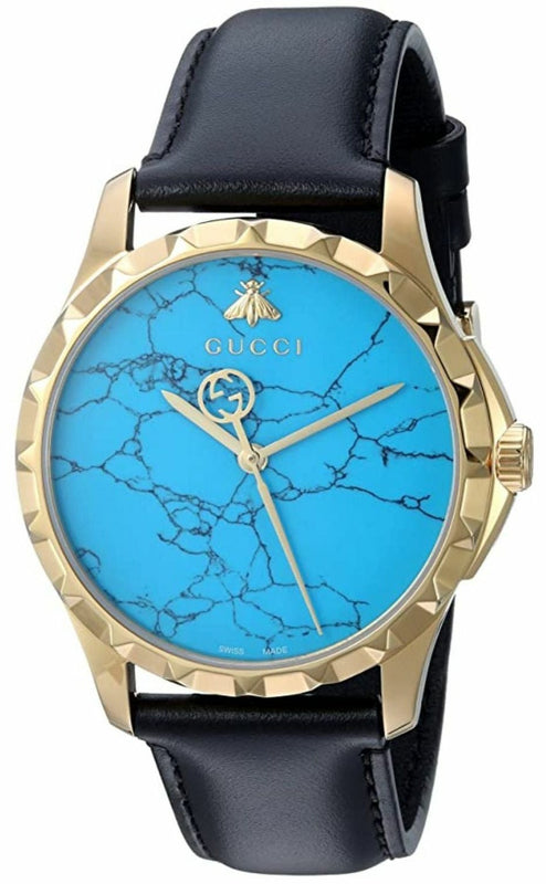 Gucci G Timeless Turquoise Blue Dial Black Leather Strap Watch For Men - YA126462 Authentic Buy Shop Now