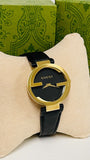 Gucci Interlocking G Gold Black Dial Black Leather Strap Unisex Watch - YA133326 Authentic Buy Shop Now