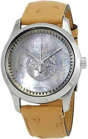 Gucci G Timeless Automatic Mother of Pearl Dial Brown Leather Strap Watch For Women - YA1264112 Authentic Buy Shop Now