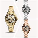 Fossil Rye Automatic Skeleton Silver Dial Silver Steel Strap Watch for Women - BQ3753 Authentic Buy Shop Now