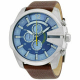 Diesel Mega Chief Chronograph Blue Dial Brown Leather Strap Watch For Men - DZ4281 Authentic Buy Shop Now