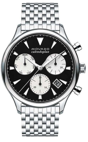 Movado Heritage Calendoplan Chronograph Black Dial Silver Steel Strap Watch for Men - 3650014 Authentic Buy Shop Now