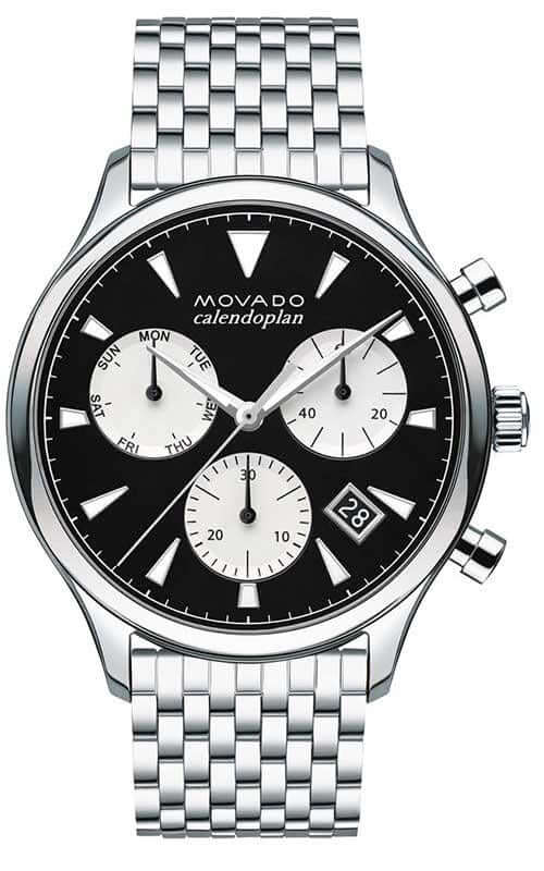 Movado Heritage Calendoplan Chronograph Black Dial Silver Steel Strap Watch for Men - 3650014 Authentic Buy Shop Now
