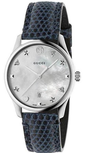 Gucci G-Timeless Signature Mother of Pearl Silver Dial Blue Leather Strap Watch For Women - YA1264049 Authentic Buy Shop Now
