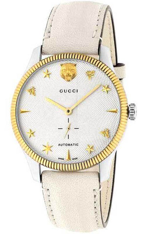 Gucci G Timeless Automatic Silver Dial Beige Leather Strap Watch For Men - YA126348 Authentic Buy Shop Now
