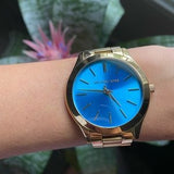Michael Kors Slim Runway Blue Dial Gold Steel Strap Watch for Women - MK3265 Authentic Buy Shop Now