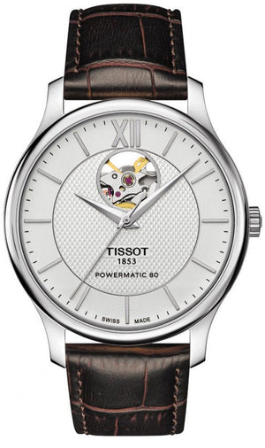Tissot T Classic Tradition Powermatic 80 Open Heart Silver Dial Brown Leather Strap Watch for Men - T063.907.16.038.00 Authentic Buy Shop Now