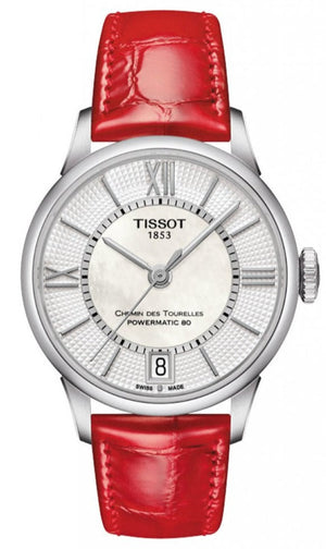 Tissot Chemin Des Tourelles Powermatic 80 Mother of Pearl White Dial Red Leather Strap Watch For Women - T099.207.16.118.00 Authentic Buy Shop Now