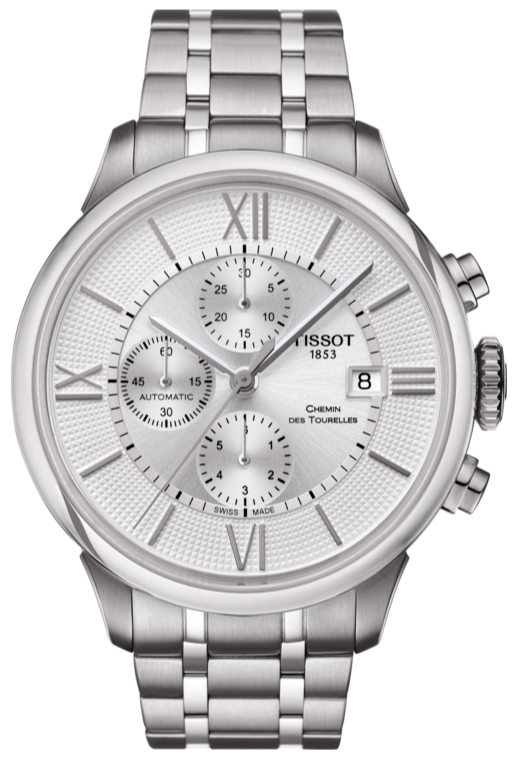Tissot Chemin des Tourelles Automatic Chronograph White Dial Silver Steel Strap Watch for Men - T099.427.11.038.00 Authentic Buy Shop Now