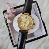 Michael Kors Sawyer Champagne Dial Black Leather Strap Watch for Women - MK2433 Authentic Buy Shop Now