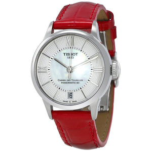 Tissot Chemin Des Tourelles Powermatic 80 Mother of Pearl White Dial Red Leather Strap Watch For Women - T099.207.16.118.00 Authentic Buy Shop Now