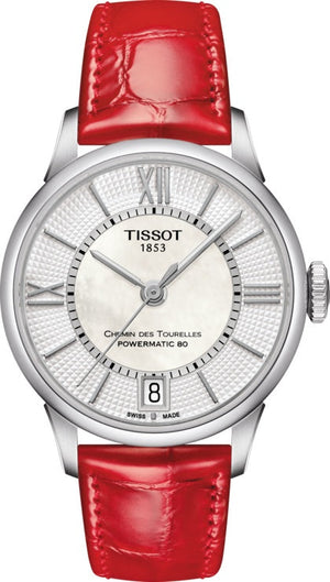 Tissot Chemin Des Tourelles Automatic Mother of Pearl White Dial Red Leather Strap Watch For Women - T099.207.16.118.00 Authentic Buy Shop Now