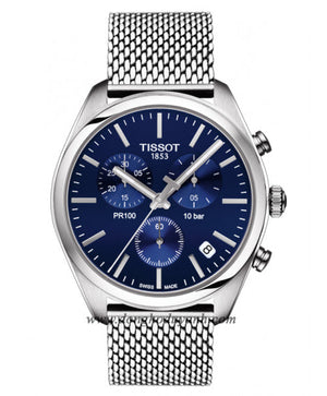 Tissot PR 100 Chronograph Blue Dial Silver Mesh Bracelet Watch for Men - T101.417.11.041.00 Authentic Buy Shop Now