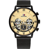 Tommy Hilfiger Legend Chronograph Gold Dial Black Mesh Bracelet Watch For Men - 1710568 Authentic Buy Shop Now