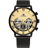 Tommy Hilfiger Legend Chronograph Gold Dial Black Mesh Bracelet Watch For Men - 1710568 Authentic Buy Shop Now