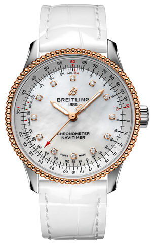 Breitling Navitimer Automatic 35 Mother of Pearl Dial White Leather Strap Watch for Women - U17395211A1P3 Authentic Buy Shop Now