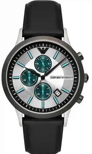 Emporio Armani Renato Chronograph Silver Dial Black Leather Strap Watch for Men - AR11473 Authentic Buy Shop Now