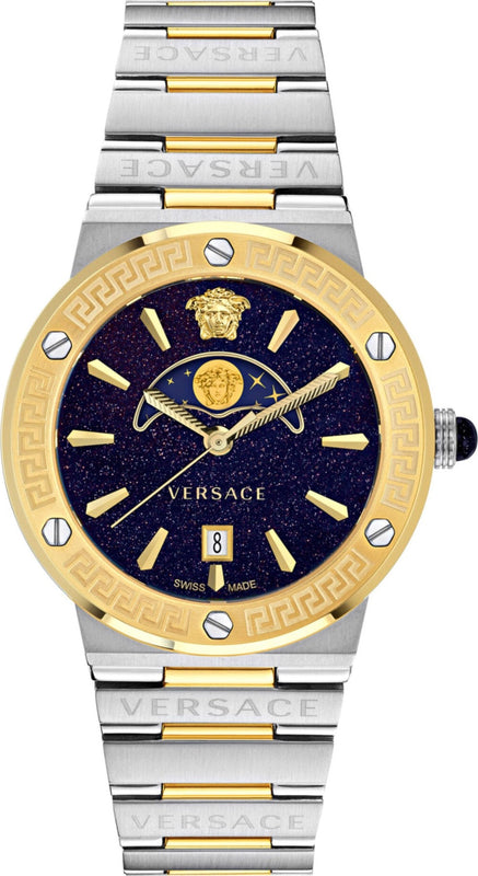 Versace Greca Logo Moonphase Black Dial Two Tone Steel Strap Watch for Men - VE7G00223 Authentic Buy Shop Now