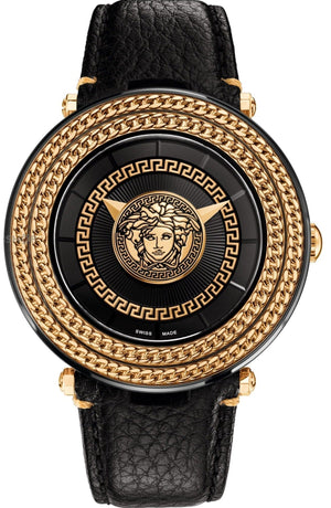 Versace V Metal Icon Black Dial Black Leather Strap Watch For Men - VQL020015 Authentic Buy Shop Now