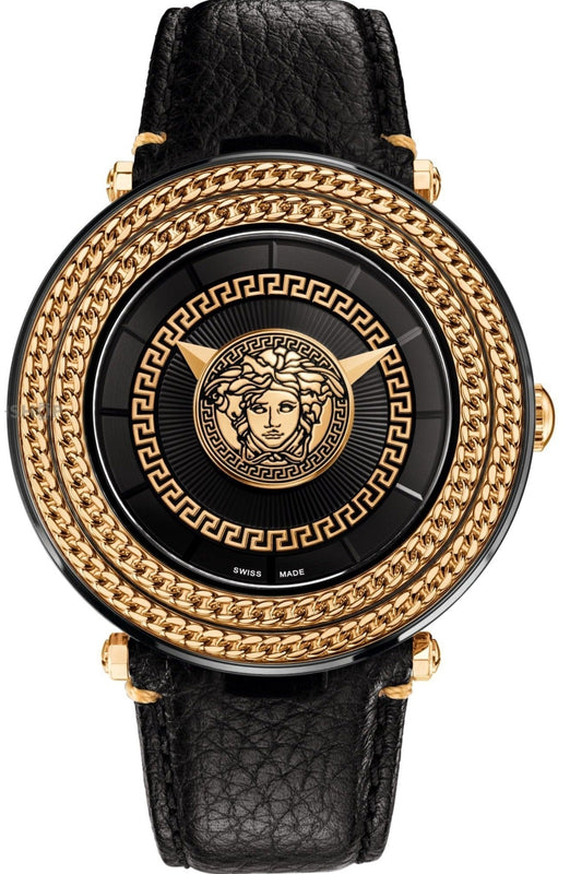 Versace V Metal Icon Black Dial Black Leather Strap Watch For Men - VQL020015 Authentic Buy Shop Now
