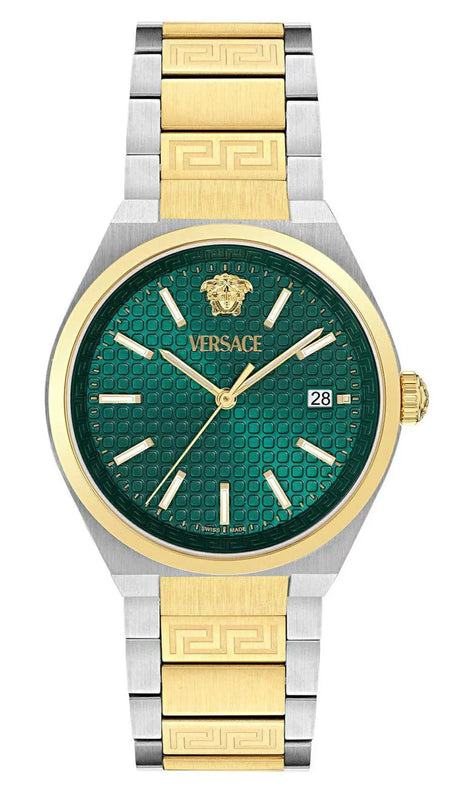 Versace V-Auria Quartz Green Dial Two Tone Steel Strap Watch for Men - VE0F00425 Authentic Buy Shop Now