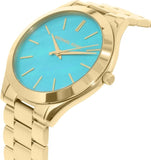 Michael Kors Slim Runway Blue Mother of Pearl Dial Gold Steel Strap Watch for Women - MK3492 Authentic Buy Shop Now