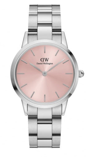 Daniel Wellington Iconic Pink Dial Silver Steel Strap Watch For Women - DW00100325 Authentic Buy Shop Now