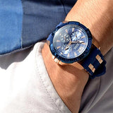 Guess Oasis Blue Dial Blue & Rose Gold Stainless Steel Strap Watch For Men - W0366G4 Authentic Buy Shop Now
