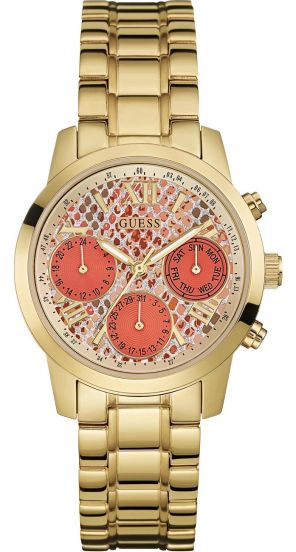 Guess Mini Sunrise Quartz Analog Orange Dial Gold Steel Strap Watch For Women - W0448L7 Authentic Buy Shop Now