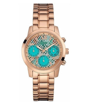 Guess Mini Sunrise Multi Function Analog Turquoise Dial Rose Gold Steel Strap Watch For Women - W0448L8 Authentic Buy Shop Now