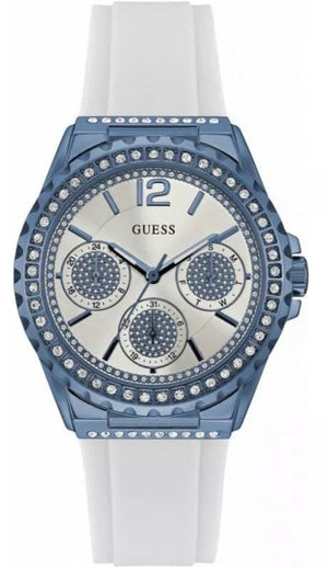 Guess Starlight Diamonds Silver Dial White Rubber Strap Watch for Women - W0846L7 Authentic Buy Shop Now