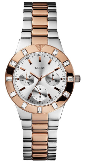 Guess Glisten Chronograph Analog Silver Dial Two Tone Steel Strap Watch For Women - W14551L1 Authentic Buy Shop Now