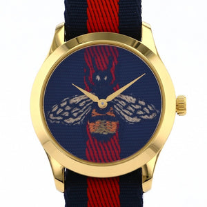 Gucci G Timeless Bee Red & Blue Dial Red Two Tone Nylon Strap Watch For Men - YA1264061 Authentic Buy Shop Now