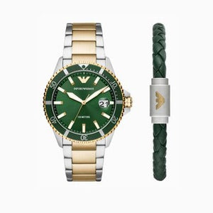 Emporio Armani Diver Chronograph Green Dial Two Tone Steel Strap Watch For Men - AR80063 Authentic Buy Shop Now
