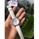 Guess Mini Triangle Quartz Diamonds Silver Dial White Leather Strap Watch For Women - W65006L1 Authentic Buy Shop Now