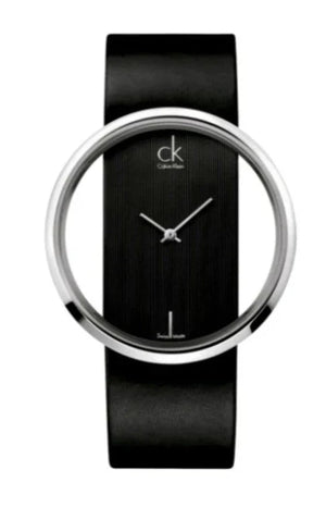 Calvin Klein Glam Transparent Dial Black Leather Strap Watch for Women - K9423107 Authentic Buy Shop Now