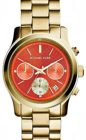 Michael Kors Runway Chronograph Orange Dial Gold Steep Strap Watch For Women - MK6162 Authentic Buy Shop Now