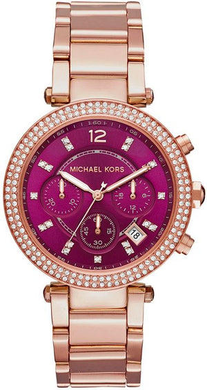 Michael Kors Parker Chronograph Purple Dial Rose Gold Steel Strap Watch For Women - MK6417 Authentic Buy Shop Now