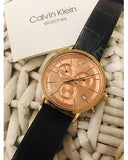 Calvin Klein Post Minimal Chronograph Rose Gold Dial Black Leather Strap Watch for Men - K7627201 Authentic Buy Shop Now